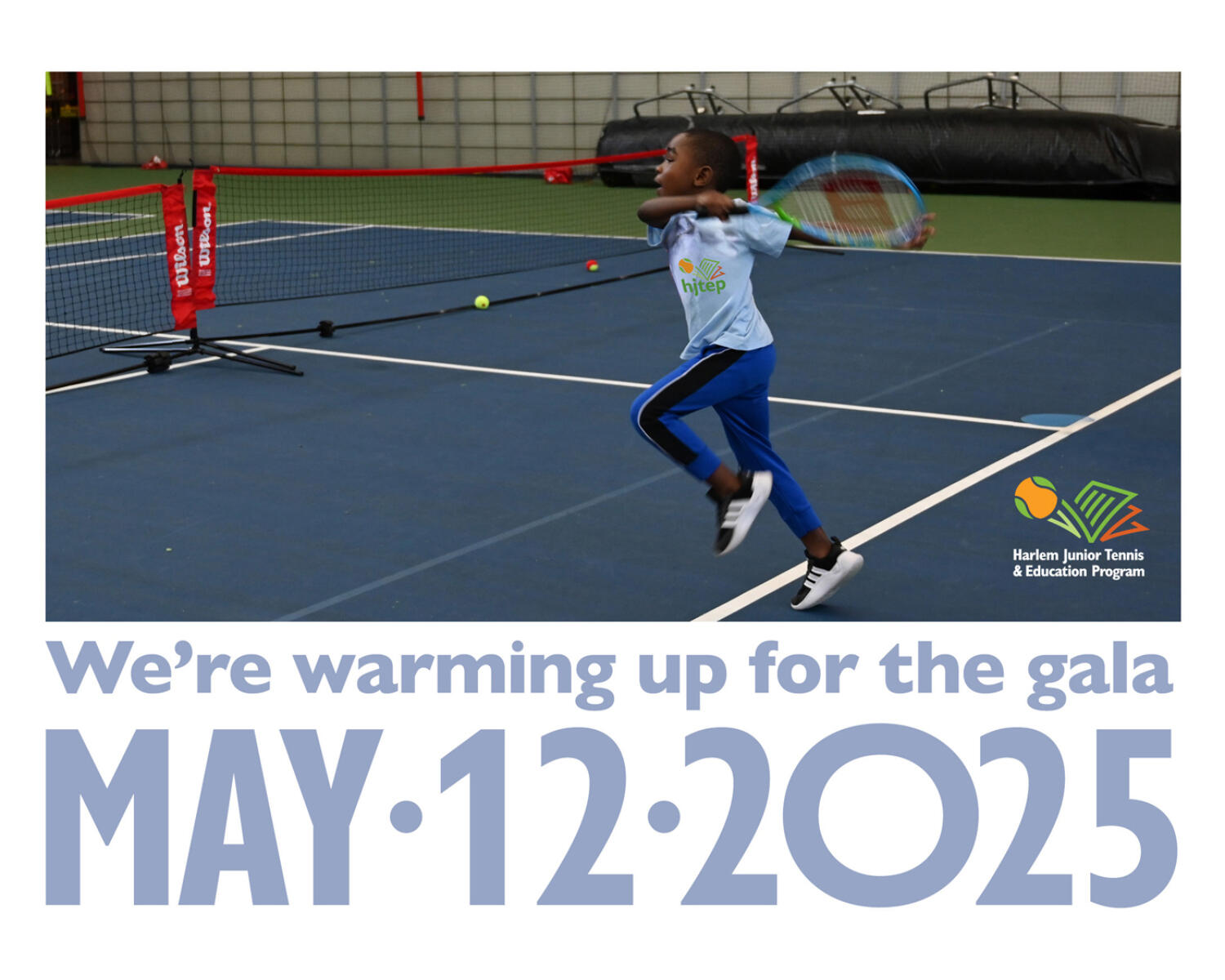 Young boy finishing her tennis stroke on the court -- We're warming up for the gala -- May 12, 2025